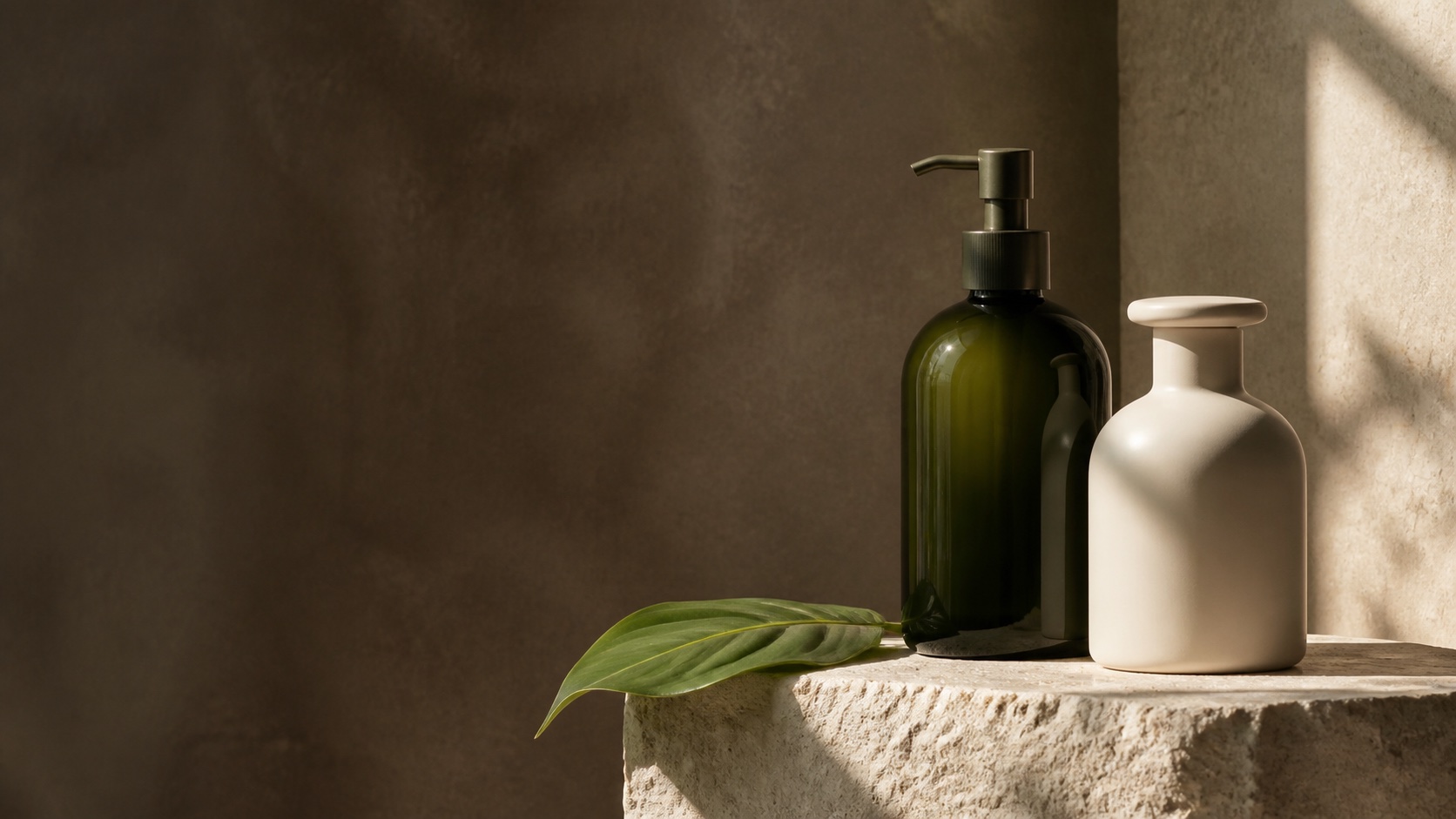 Unbranded forest-green and ivory care vessels on a limestone plinth