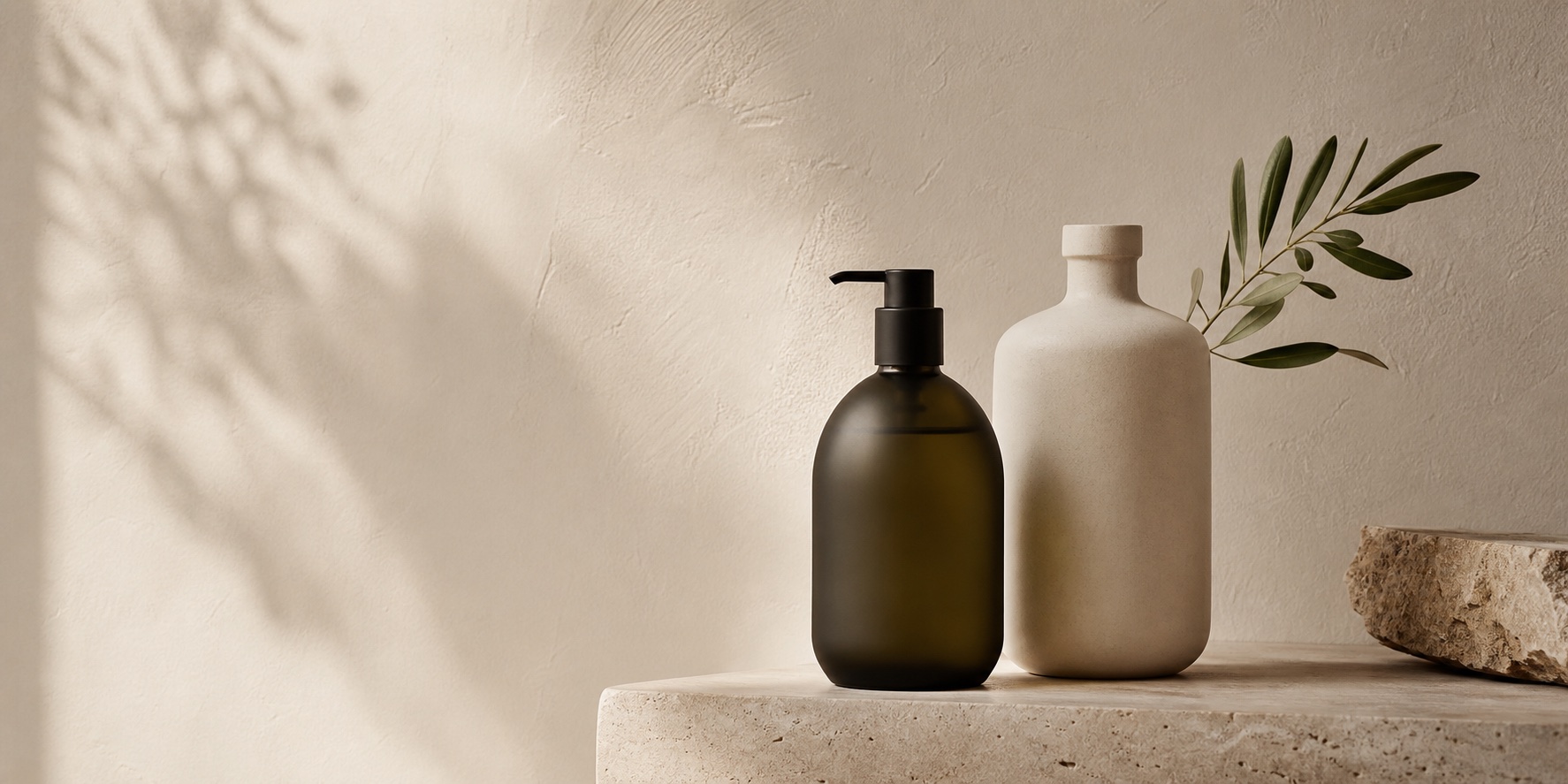 Olive and ivory unbranded care vessels on a stone surface